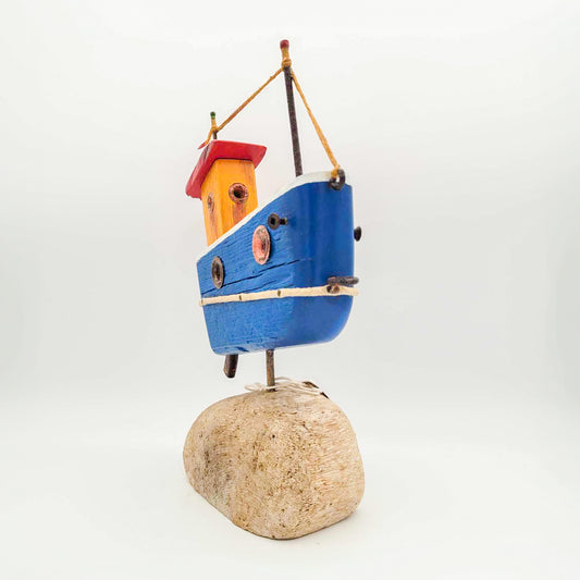 Bateau en bois - bleu et toit rouge