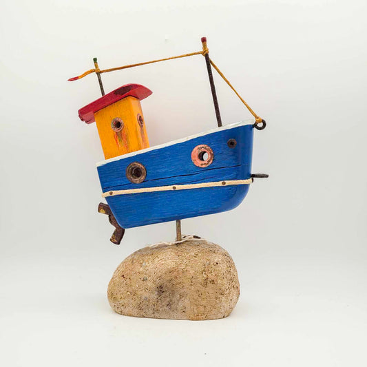 Bateau en bois - bleu et toit rouge