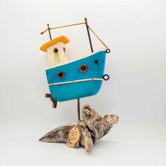 Bateau en bois- turquoise et jaune