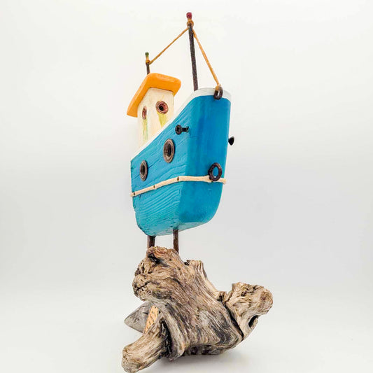 Bateau en bois- turquoise et jaune