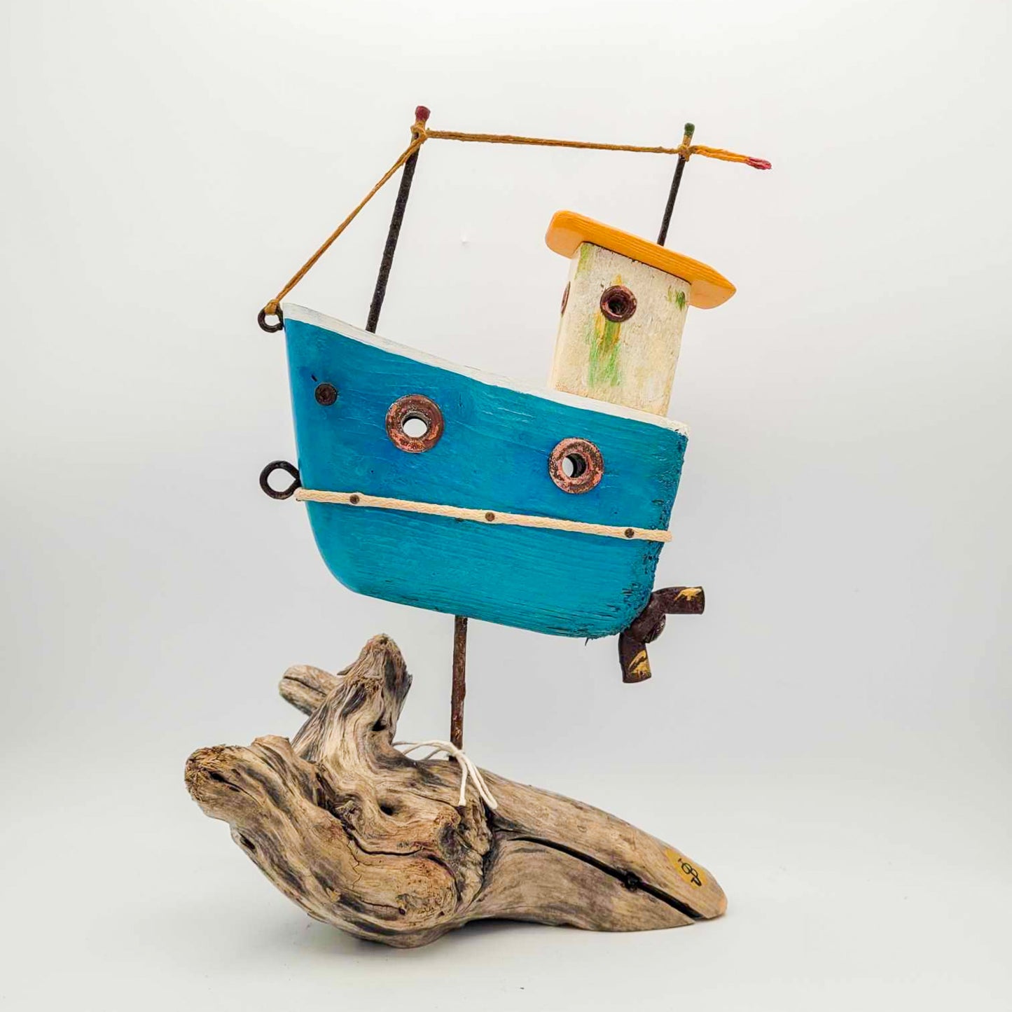 Bateau en bois- turquoise et jaune