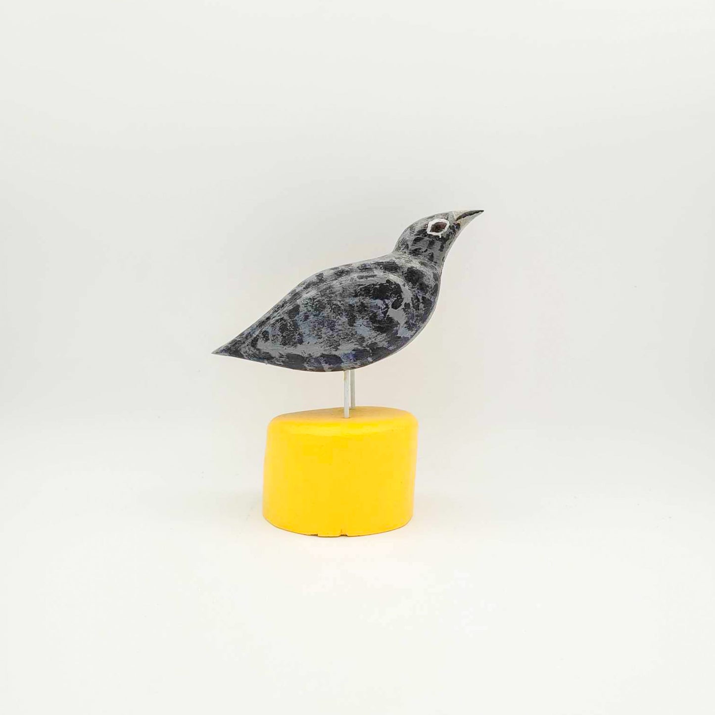 Oiseau gris sur socle jaune