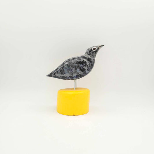 Oiseau gris sur socle jaune